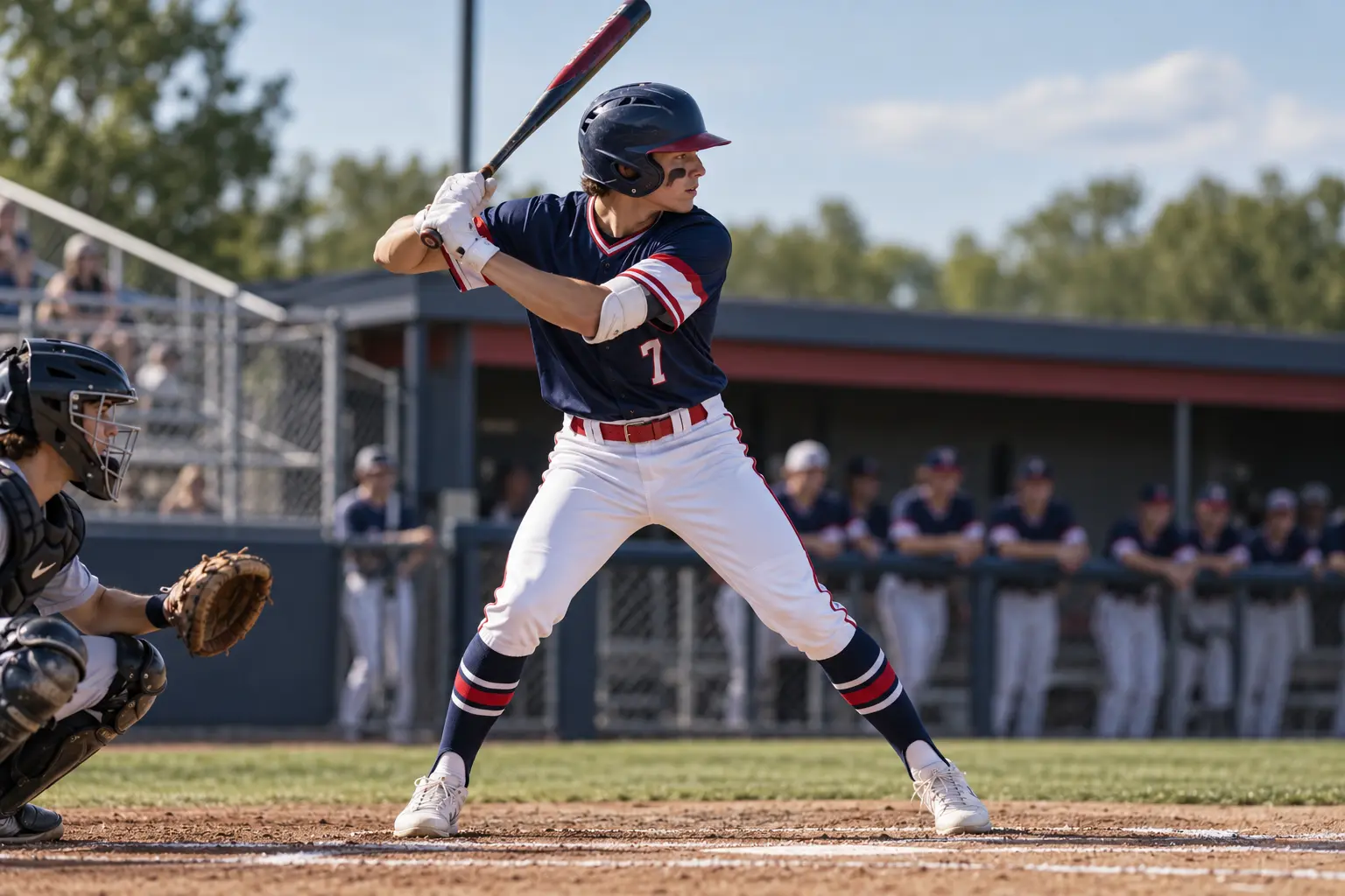 Baseball players wearing complete game uniforms