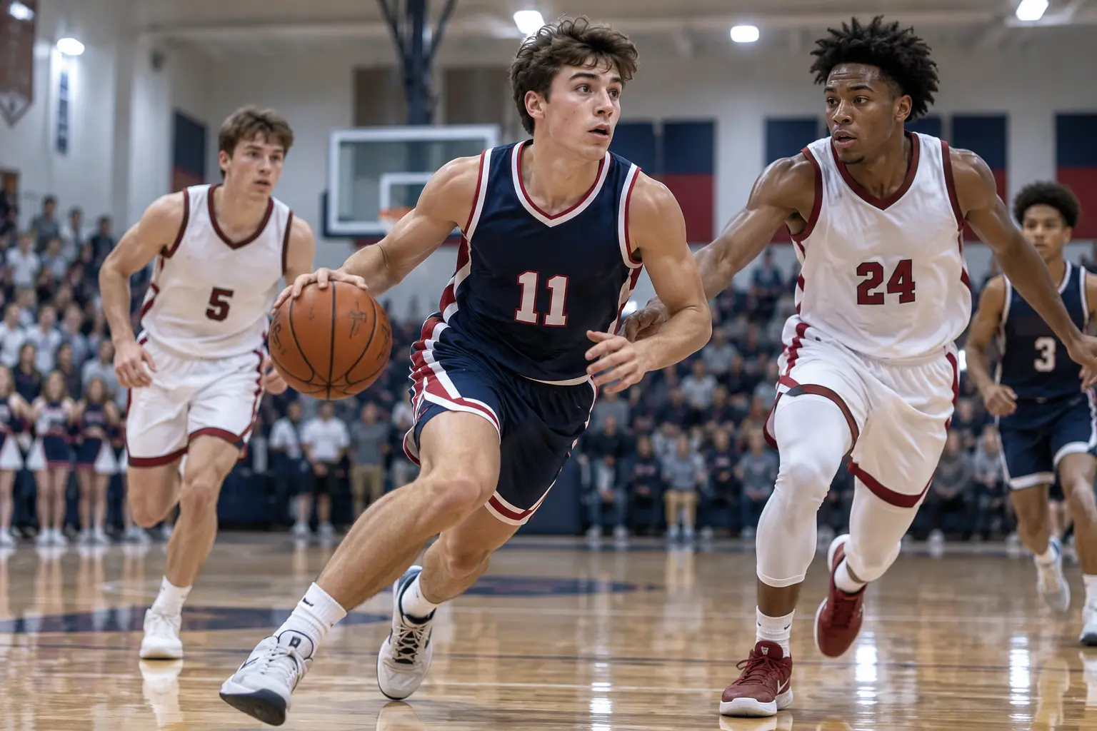 Basketball players wearing complete game uniforms