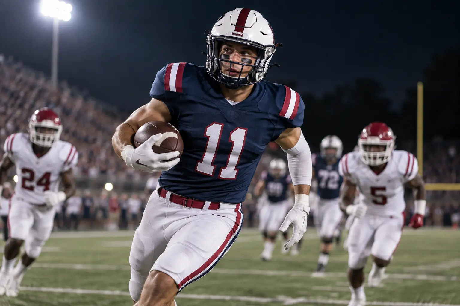 Football players wearing complete game uniforms