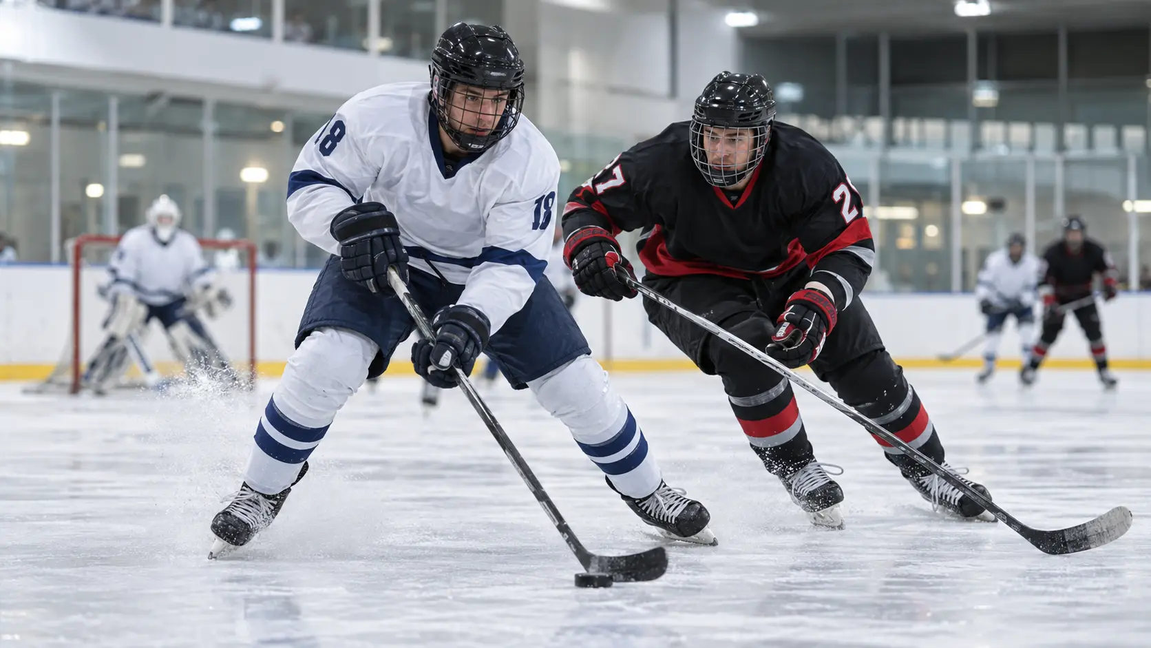 Hockey players wearing complete game uniforms