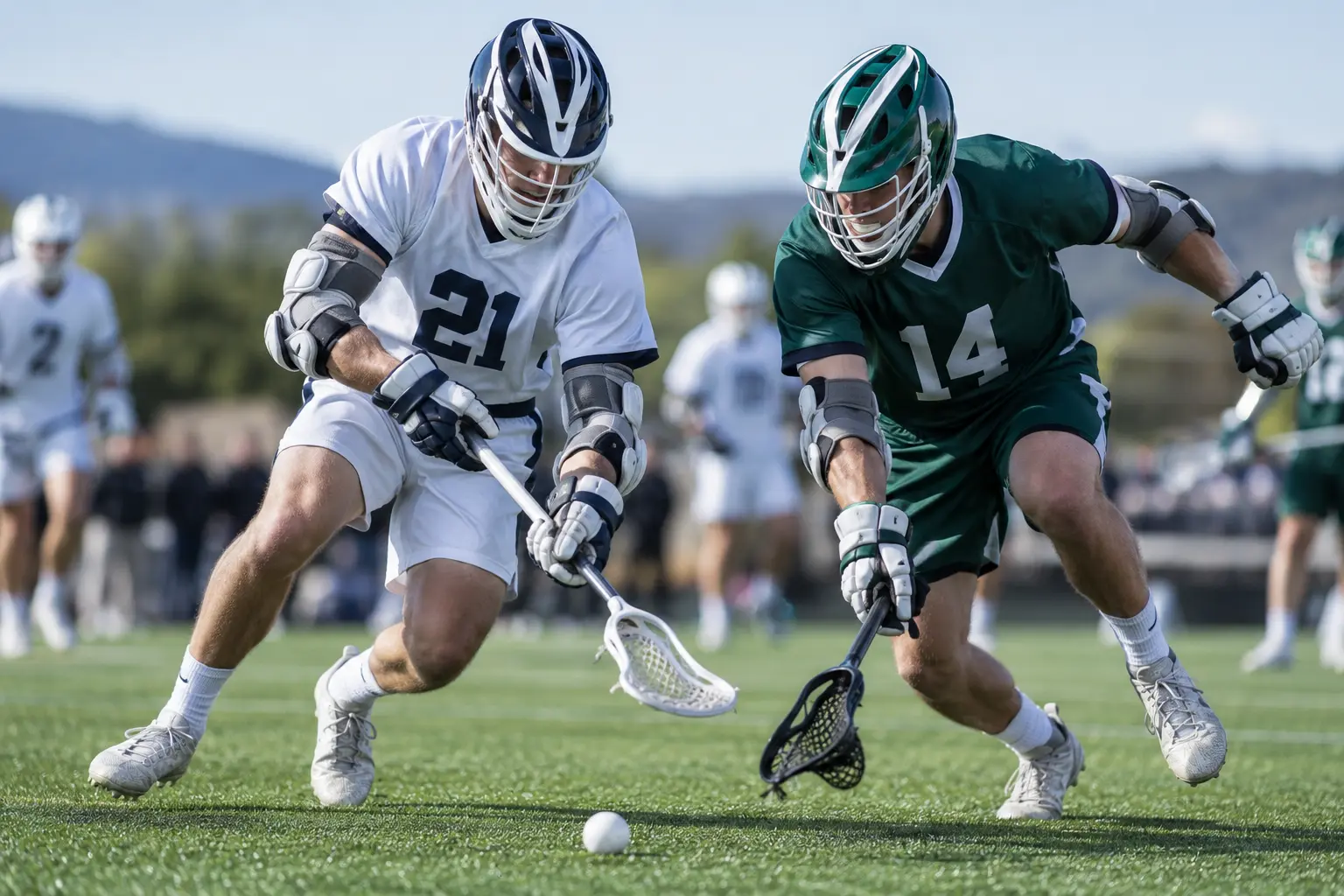 Lacrosse players wearing complete game uniforms