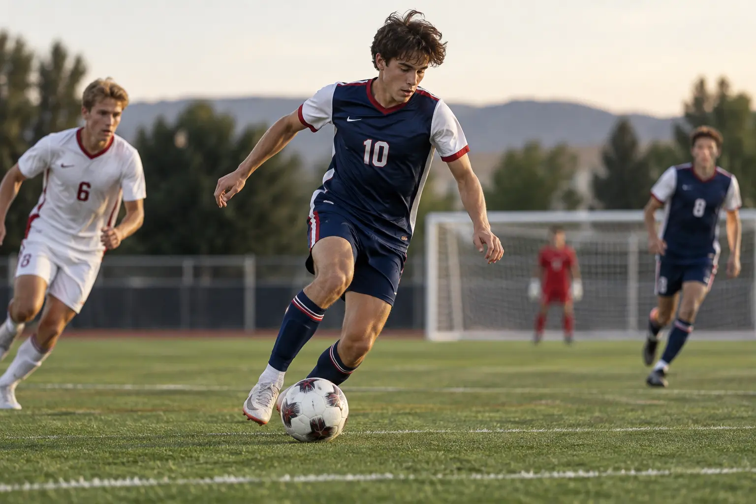 Soccer players wearing complete game uniforms