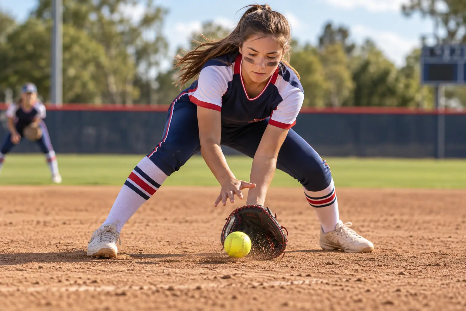Softball players wearing complete game uniforms