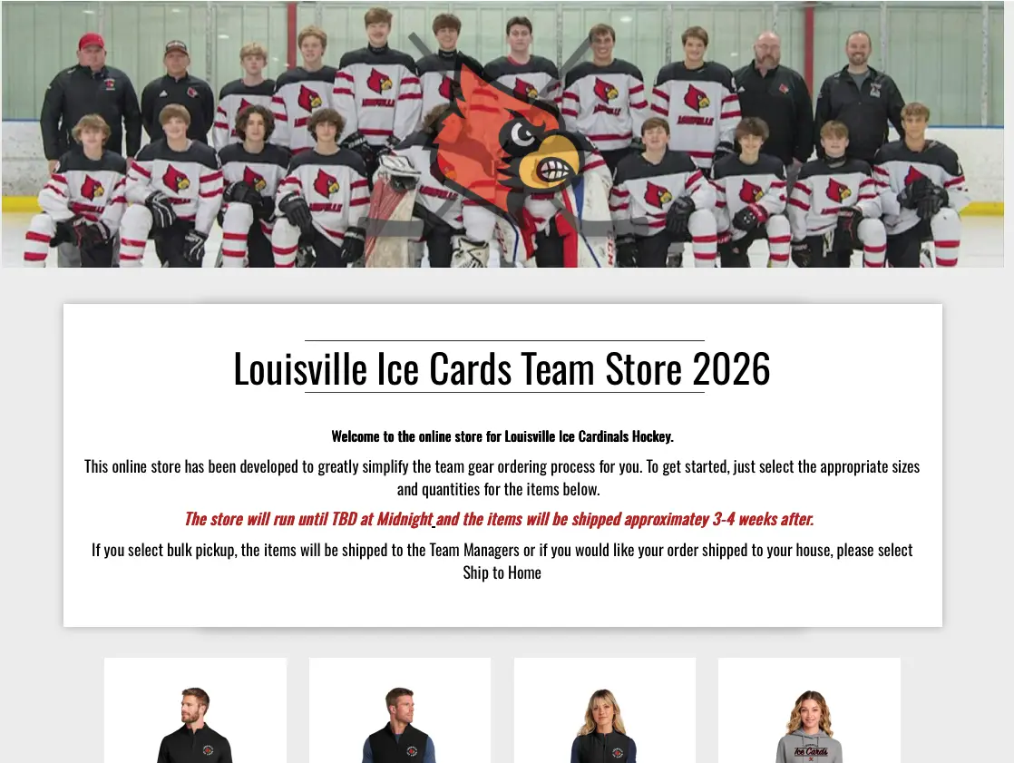 Louisville Ice Cards custom team store welcome page