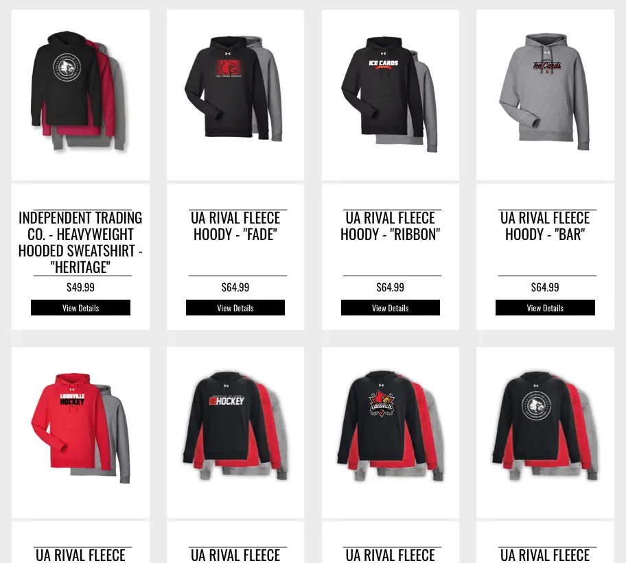 Louisville Ice Cards team store hoodies
