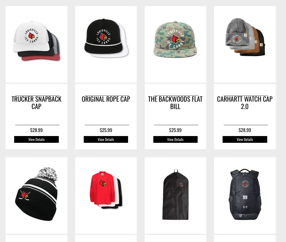 Louisville Ice Cards team store hats and accessories