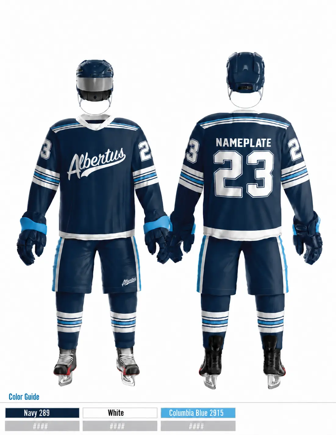 Albertus women's navy away hockey uniform concept