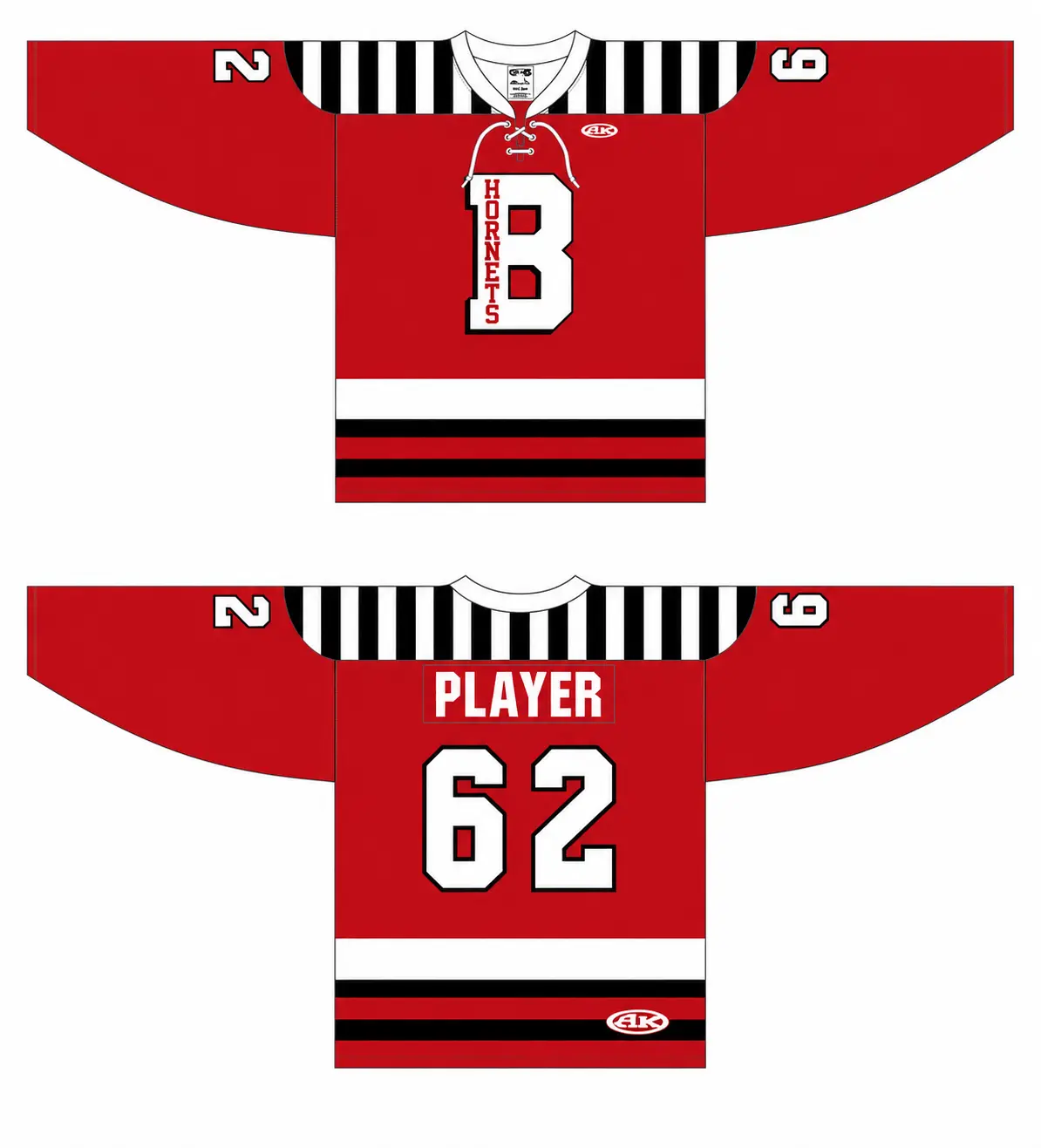 Branford Hornets red hockey jersey front and back on a white background