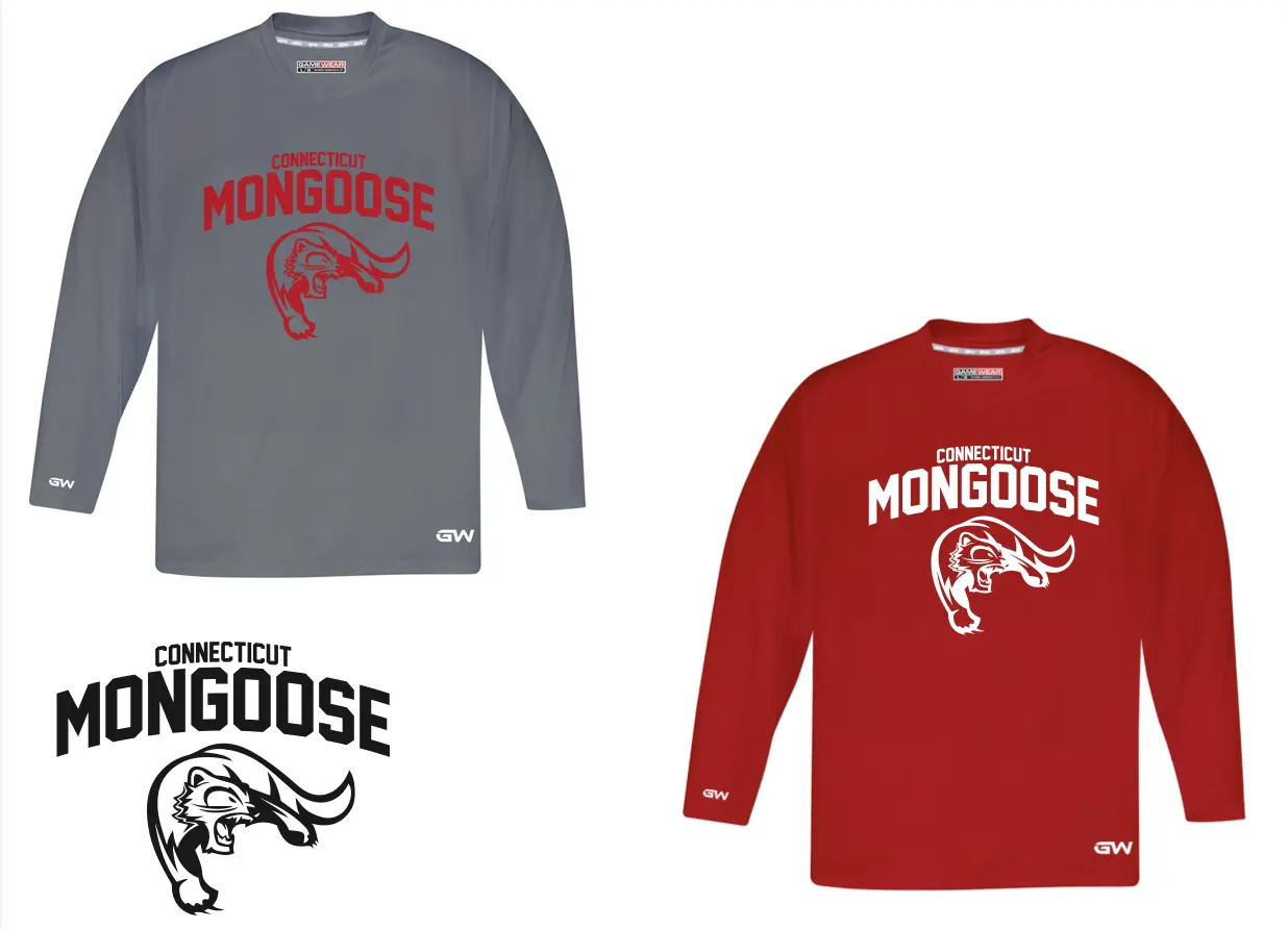 Connecticut Mongoose gray and red hockey practice jerseys