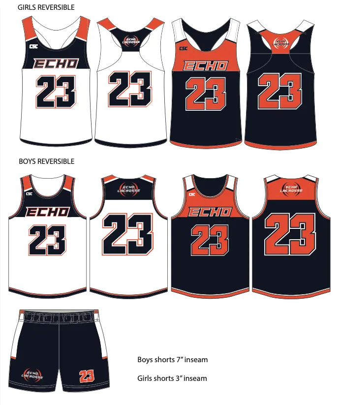 Echo Lacrosse girls and boys reversible game uniforms with shorts
