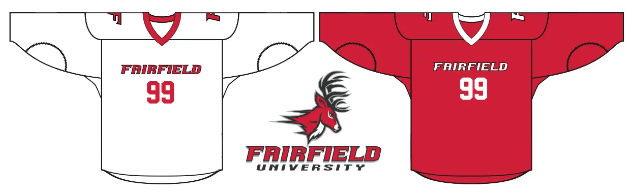 Fairfield University white and red hockey practice jerseys