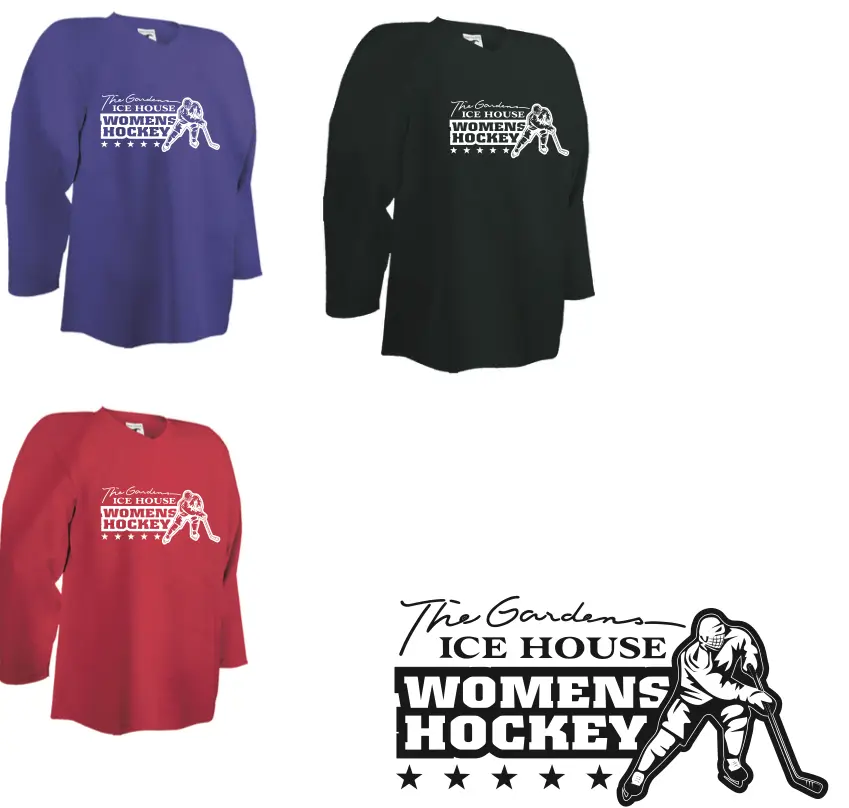 The Gardens Ice House women's hockey purple, black and red practice jerseys