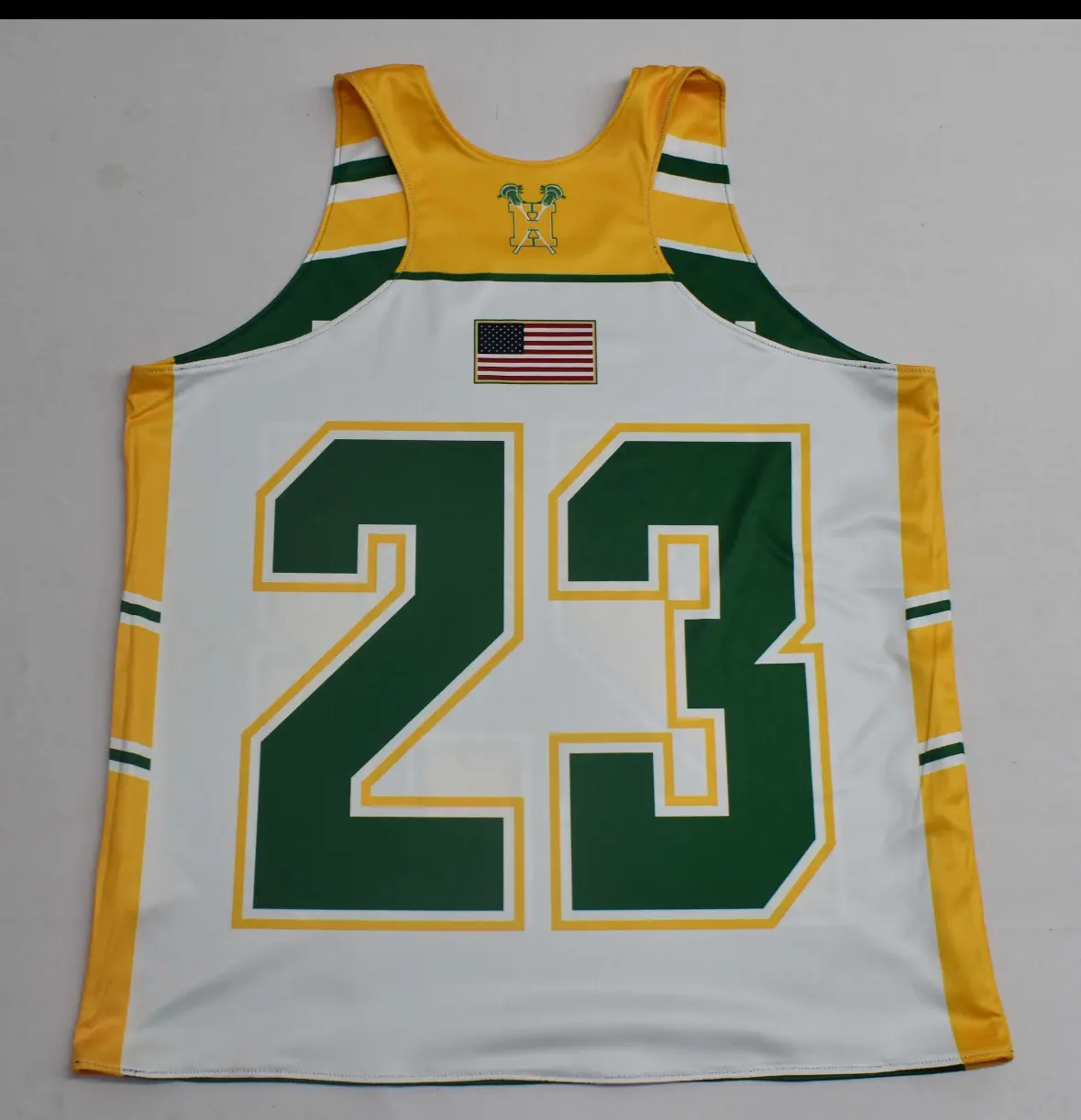 Hamden white, green and gold lacrosse game jersey back