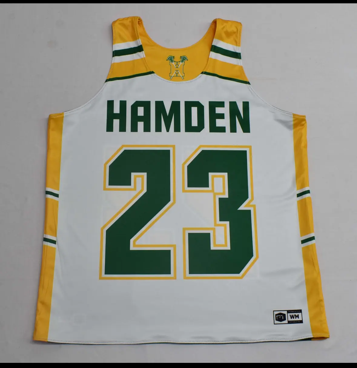 Hamden white, green and gold lacrosse game jersey front