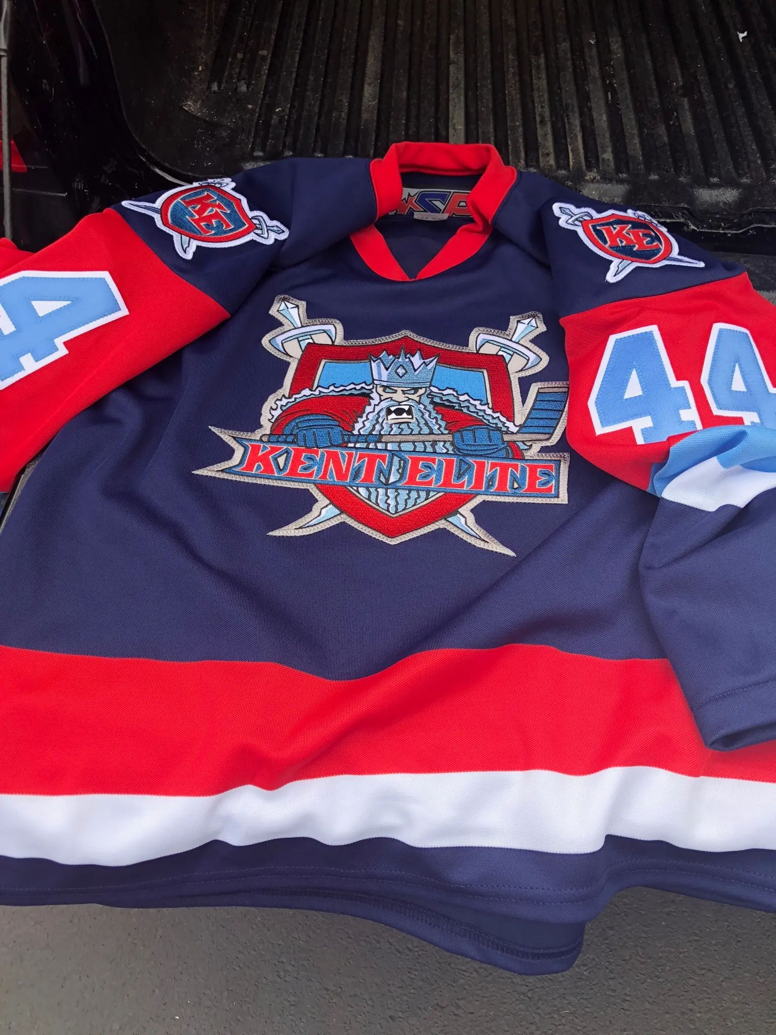 Finished Kent Elite navy hockey jersey front