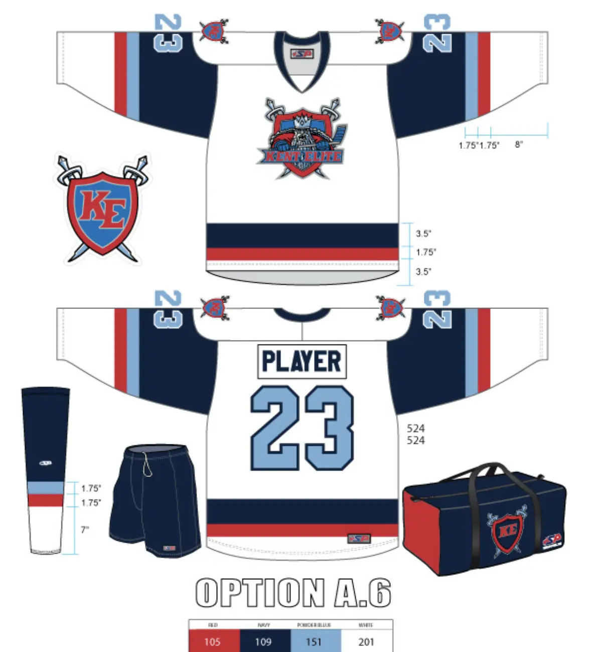 Kent Elite white hockey uniform concept