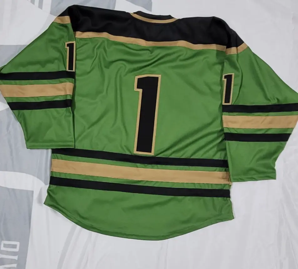 Finished Malachy's Bar green hockey jersey back