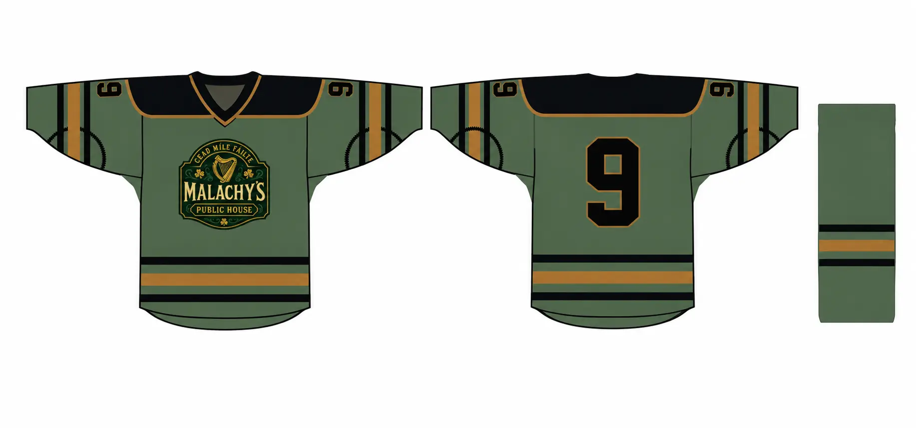 Malachy's Bar green hockey jersey and sock concept on white