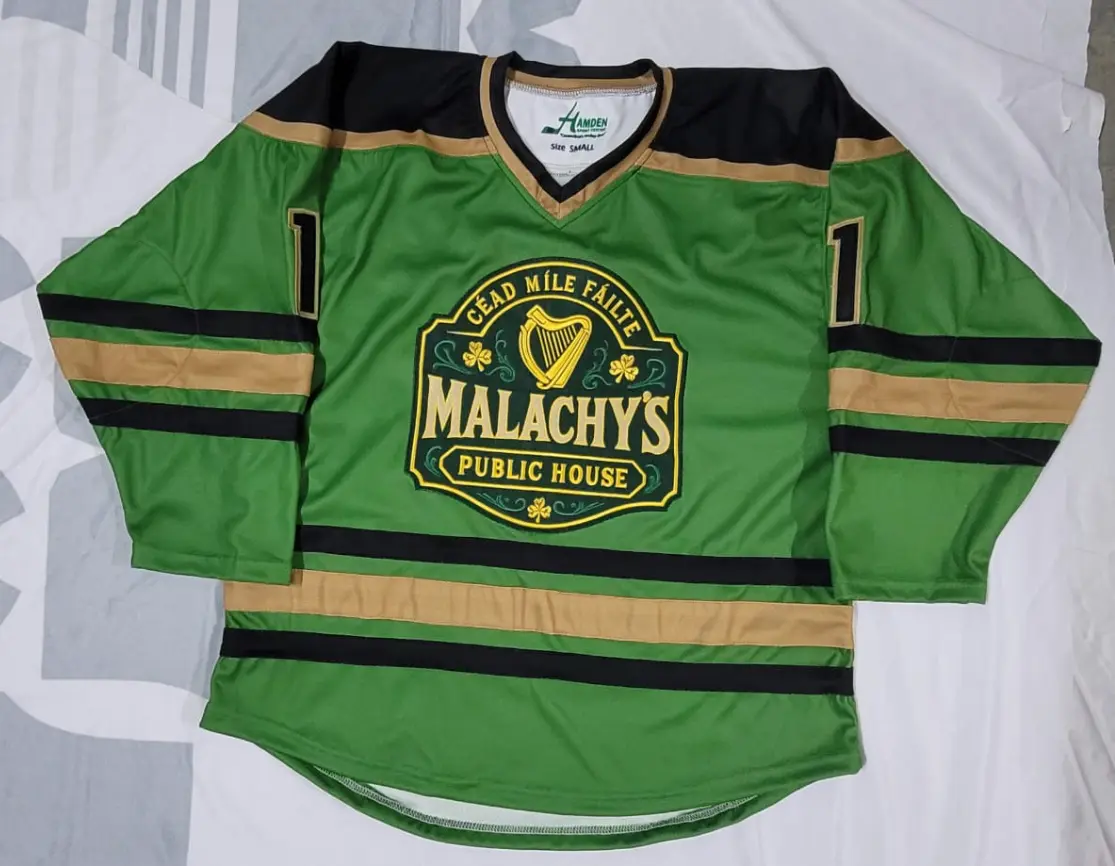 Finished Malachy's Bar green hockey jersey front