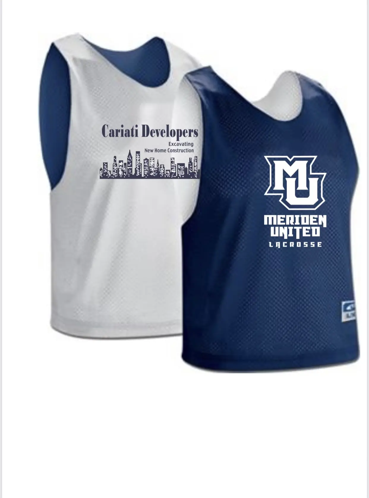 Meriden United Lacrosse navy and white practice pinnies