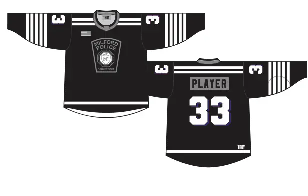 Milford Police Department black hockey jersey front and back concept