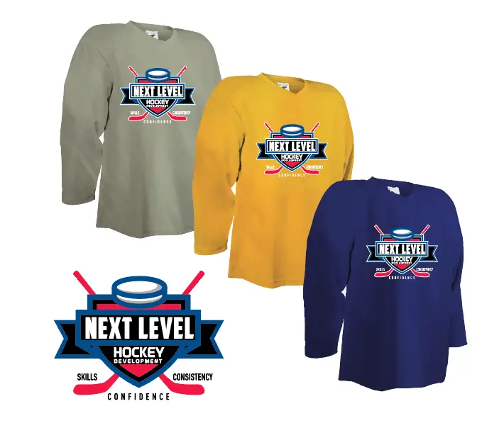 Next Level Hockey gray, gold and navy practice jerseys