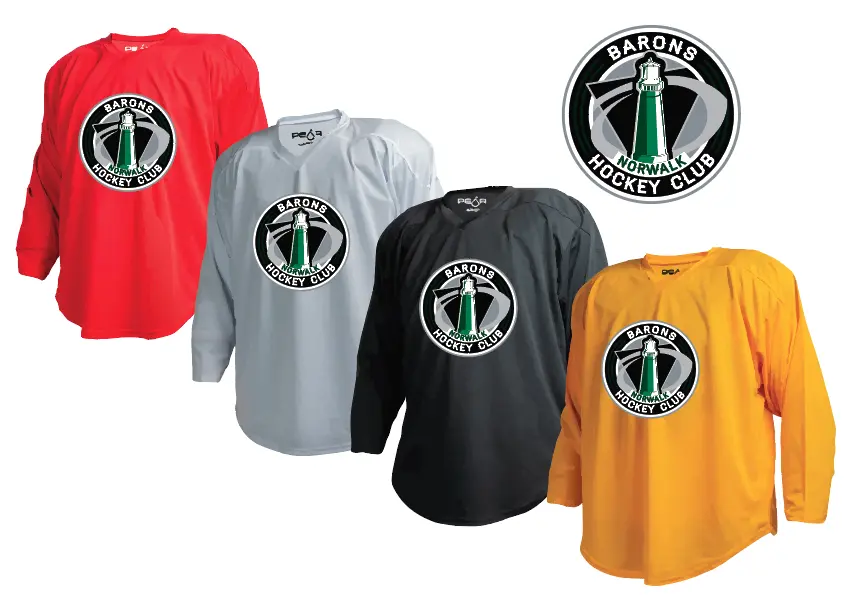 Norwalk Barons Hockey Club red, gray, black and gold practice jerseys
