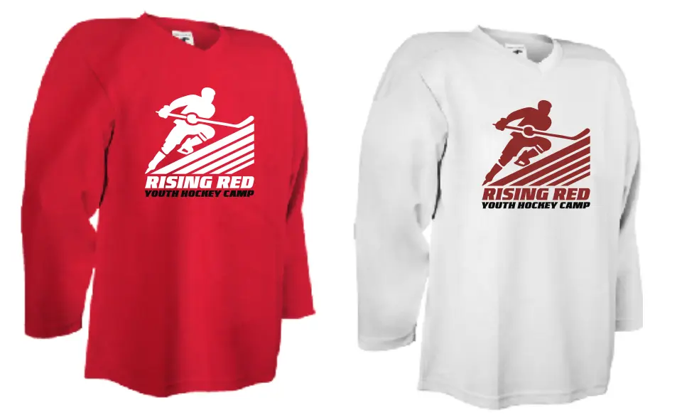 Rising Red Youth Hockey Camp red and white practice jerseys