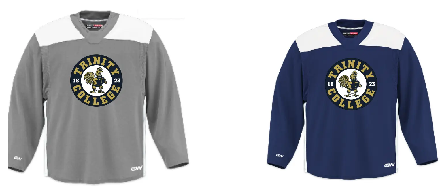 Trinity College gray and navy hockey practice jerseys