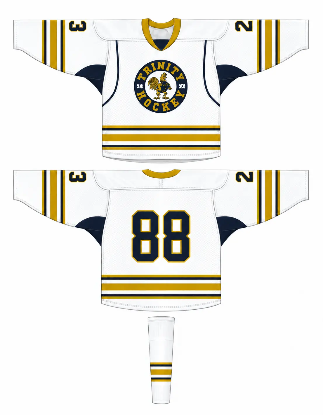 Trinity men's white hockey jersey and sock on a white background