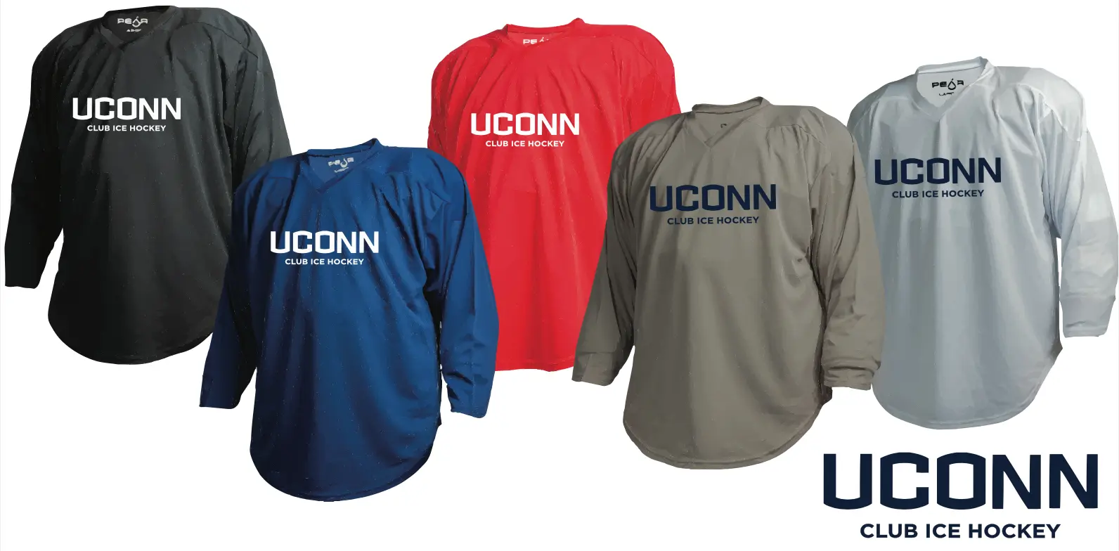 UConn Club Ice Hockey black, navy, red, gray and white practice jerseys